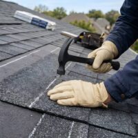 Roofer nailing shingles on a roof.