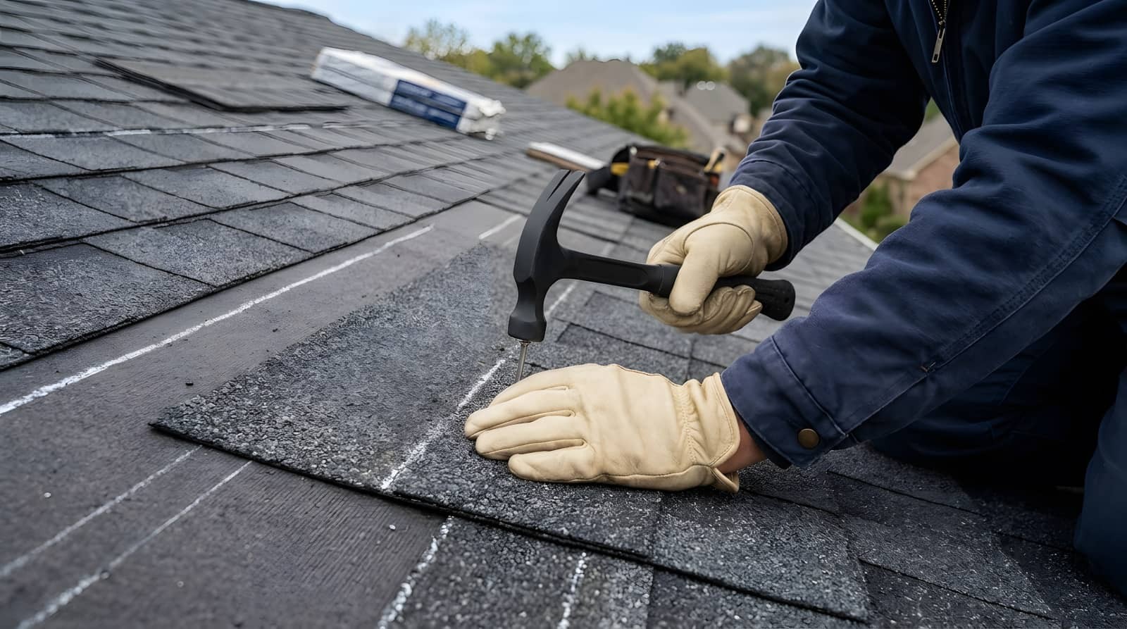 Roofer nailing shingles on a roof.